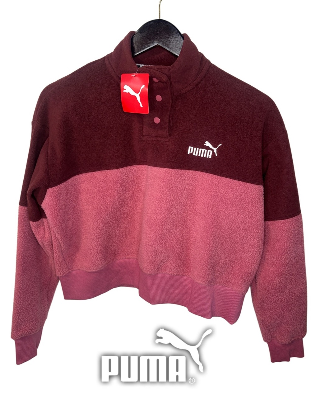 Puma Women’s Burgundy & Dusty Pink Cropped Fleece Snap-Neck Pullover XS